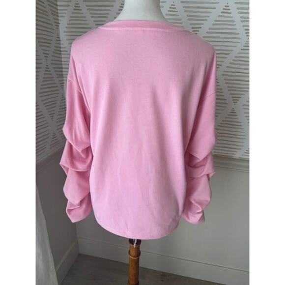 Women’s Small Christmas Nativity Bow Pink Ruched Sleeve Crewneck Sweatshirt - Picture 3 of 4
